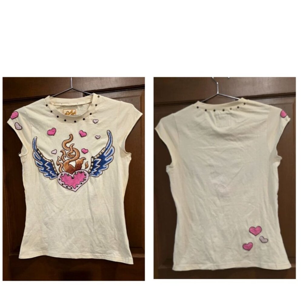 VTG Soul Revival Top Cap Sleeve STUDS/Embroidery Trim Cotton Pullover SZ M 95% C